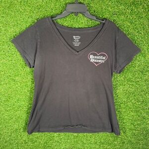 Beautiful Disaster Black V Neck T Shirt Graphic Print Womens Size XL Y2K